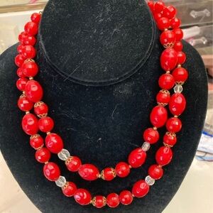 Vintage MCM Two Strand Red Acrylic Beaded Necklace With Clear beads 18 inch Long
